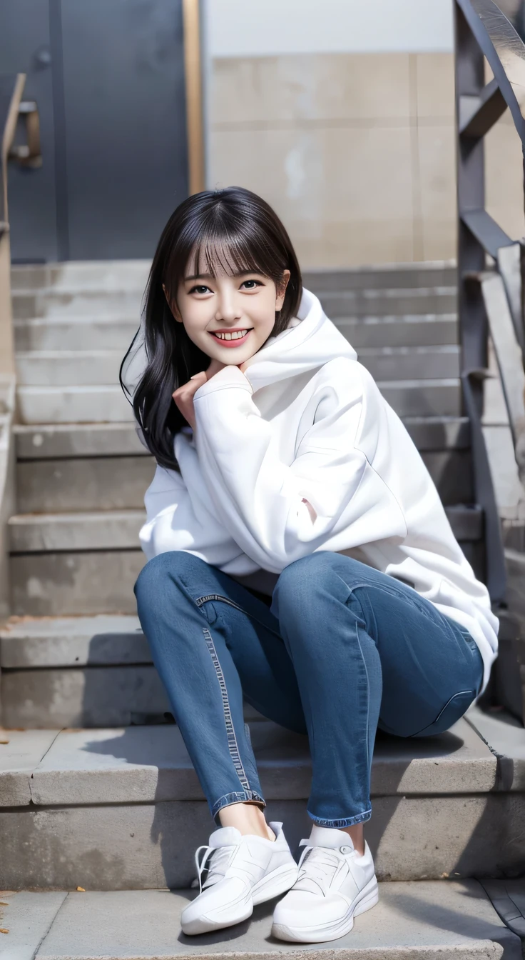 highest quality, Realistic, Very detailed, Finer details, High resolution, 8k wallpaper, One beautiful woman,Sit on the stairs、smile、、 Oversized hoodie, Skinny jeans,（ Black sneakers）、Black Hair、 Beautiful Bangs、ear piercing、Perfect dynamic composition, Beautiful and detailed, Full Body Shot, A big smile waiting to start
