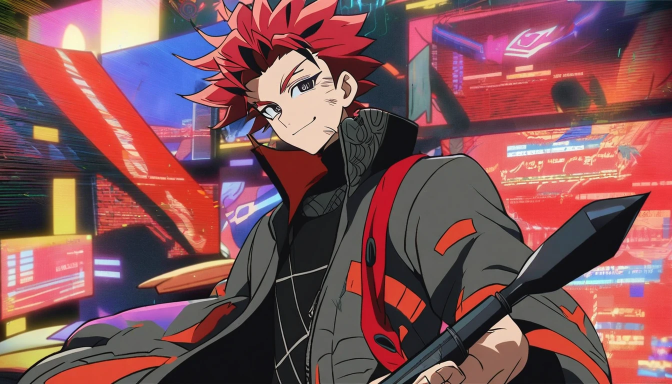 1Male,Outsider,Red hair(Gojo satoru hair style),black shirt jacket,Red Tie,wind cannon,kunai bullet,Ninja style,black eye,scratch wounds,computer hacker,hacker,hacker masked Above head,smile,foreign man,Anime style,computer hack background,Edens Zero Style