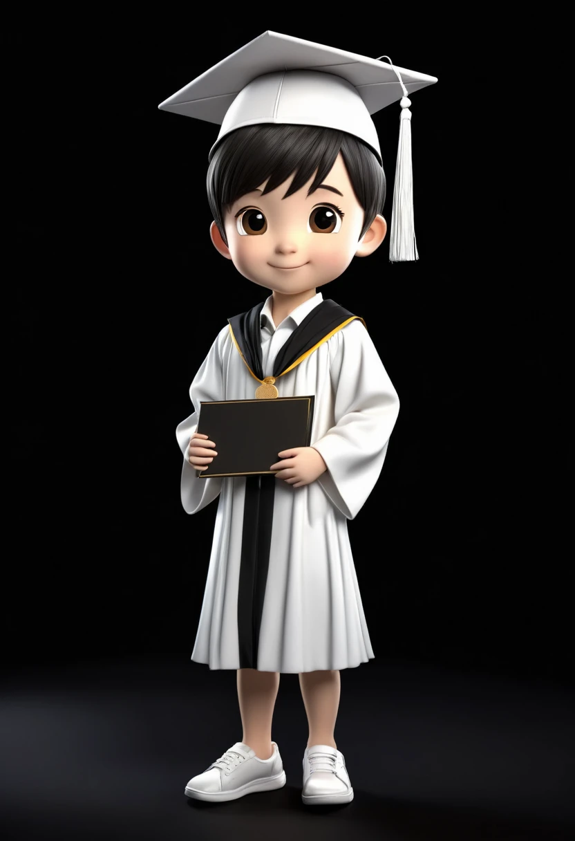 a little boy that graduate in white dress with medal or ribbon, graduation white cap and holding a diploma in 3D or chibi anime black background