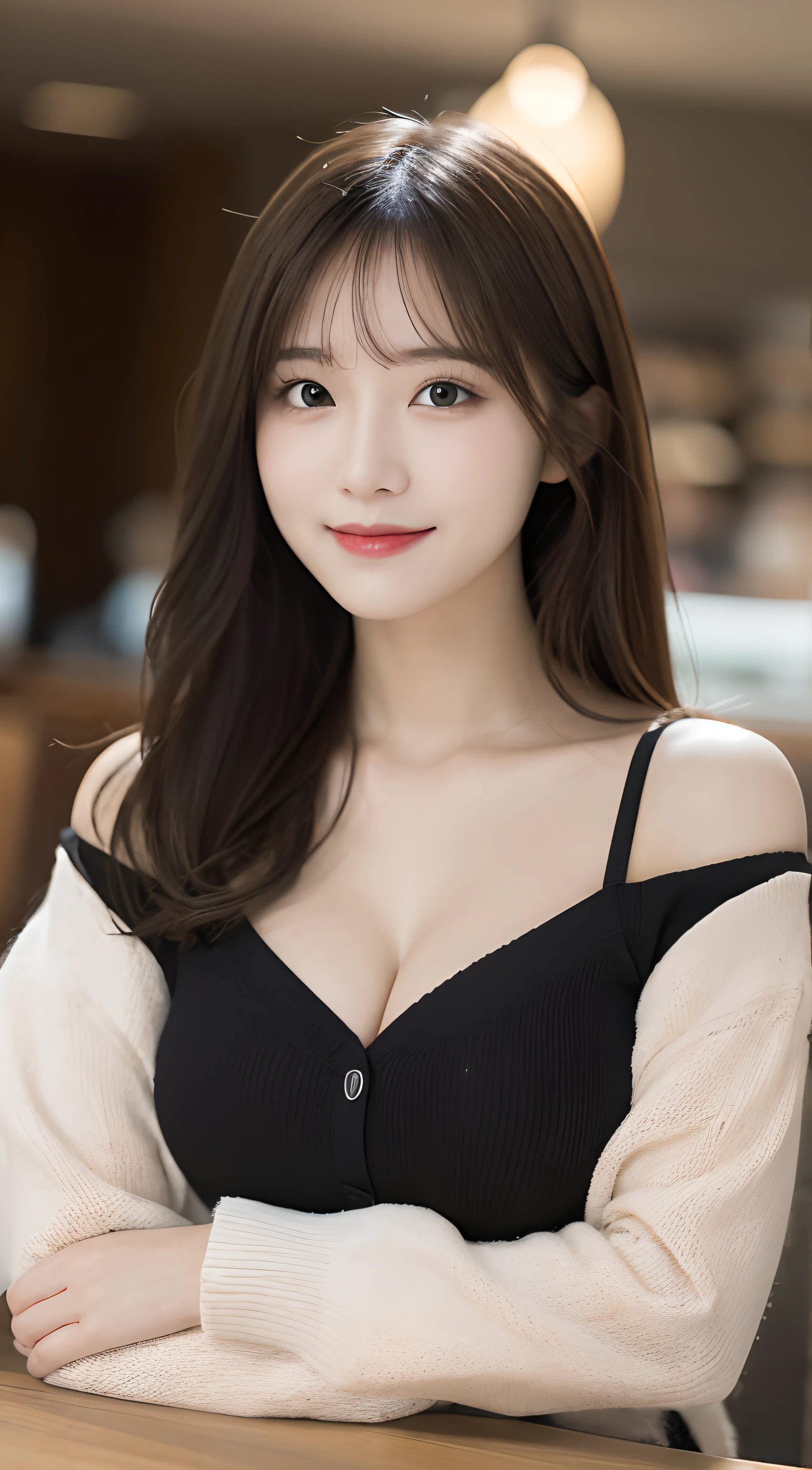 masutepiece, Best quality, illustration, Ultra-detailed, finedetail, A high resolution, 8K wallpaper, Perfect dynamic composition, Beautiful detailed eyes, Long-sleeved knit,Shoulder extension,bob hair, It has a large one, Round, and a straight chest, Leaking deep cleavage,Random and sexy pose,Smile,20 years girl,Colossal tits,coffeehouse,Emphasis on the chest,(fully body photo:1.3),black lence stockings