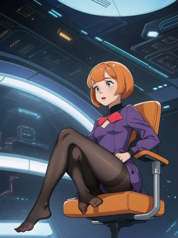 score_9,score_8_up,score_7_up,score_6_up,score_5_up,score_4_up 1girl,solo,  jane_jetson, orange hair, short hair, scifi furnitures, dress, pantyhose, sitting on chair, spread legs, feet, scifi scenery, cameltoe,