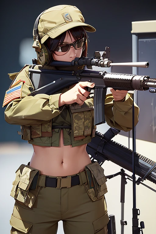 A Ukrainian girl, holding a weapon,  wearing military uniform, white panty, exposed thigh, photorealistic, hyperrealistic