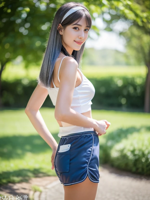 (highest quality,4K,8k,High resolution,Tabletop:1.2),Very detailed,Very detailed目と顔,Beautiful fine details,Beautiful lip detail,Long eyelashes,((Realistic)),Realistic:1.37,Japanese,Fine white skin,((daisy duke shorts)),((Headband Top)),Beautiful and magnificent composition,Marshmallow-like skin,Tabletop,Charm,cute,Dark blue high socks,((Silver hair color)),Silky smooth and straight hair,Sharp focus,Sunny day outdoors,Healthy smile,(Round face),(Healthy Thighs),Photograph the whole body,Full-body photography from a long distance:1.4,Hands on hips,I am stretching my back,