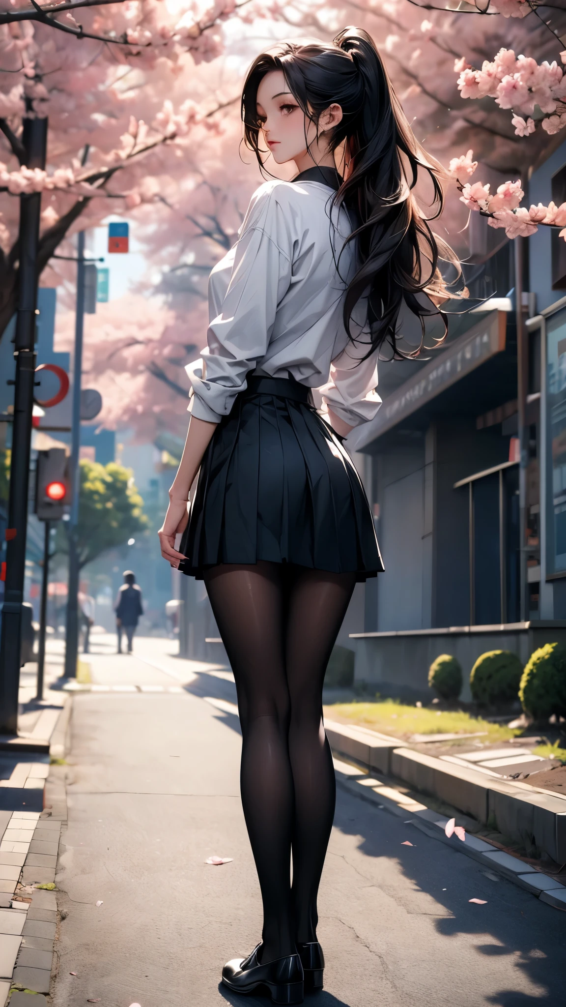 ((Ultra-delicate)), ((Ultra-detail)),(Be focused), (high resolution), Deformed depth of field blurred background, (Detailed background), Perfect layer cut, (full-body shot), rear View, a girl, one person, ((Japanese student)), slim figure, smooth skin, black long hair, slim legs, beautiful fingers, School uniform, white shirt, Black pleated student skirt, dark stockings, Dark student shoes, Background japan city, on street, outdoor , spring, morning, Cherry blossoms, floating Cherry blossoms, CG unity, 8k, Octane Render,