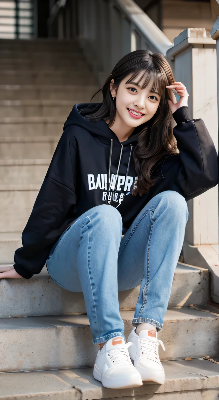 highest quality, Realistic, Very detailed, Finer details, High resolution, 8k wallpaper, One beautiful woman,Sit on the stairs、smile、、Oversized hoodie, Skinny jeans,( Black sneakers)、Black Hair、 Beautiful Bangs、ear piercing、Perfect dynamic composition, Beautiful and detailed, Full Body Shot, A big smile waiting to start