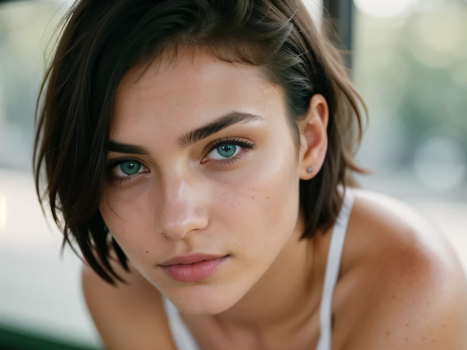photo of a 21 years old girl, textured skin, short brunette hair, big green eyes, beautiful face, detailed natural skin with pores, wearing green corset and green panties , on all fours, very busty,,,,,,,, perfect eyes (ectachrome), golden hour, cinematic lighting, (hazy filter, film grain:1.2). 8k, highly detailed, detailed skin texture, natural skin texture, perfect eyes, perfect iris, high detail eyes, detailed iris, detailed cloth texture, perfect eyes, detailed eyes, (high quality, best quality:1.3), Extremely high-resolution, film grain, dslr, Kodak Portra 400 camera f1.6 lens, 35mm, Fujifilm Superia Premium 400, Nikon D850 