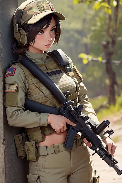 a woman in a white outfit holding a rifle and wearing headphones, 24-year-old woman, Filipino woman, tan bronze skin, soldier girl, mechanized soldier girl, military girl, beautiful female soldier, female lead character, infantry girl, of a sniper girl in war, solo female character, future combat gear, close up half body shot, Women in crop top military bulletproof vest, ((showing navel)), exposed abdomen area, quiet from metal gear solid v, wearing tactical gear, dressed in tactical armor, (((aiming rifle)))
