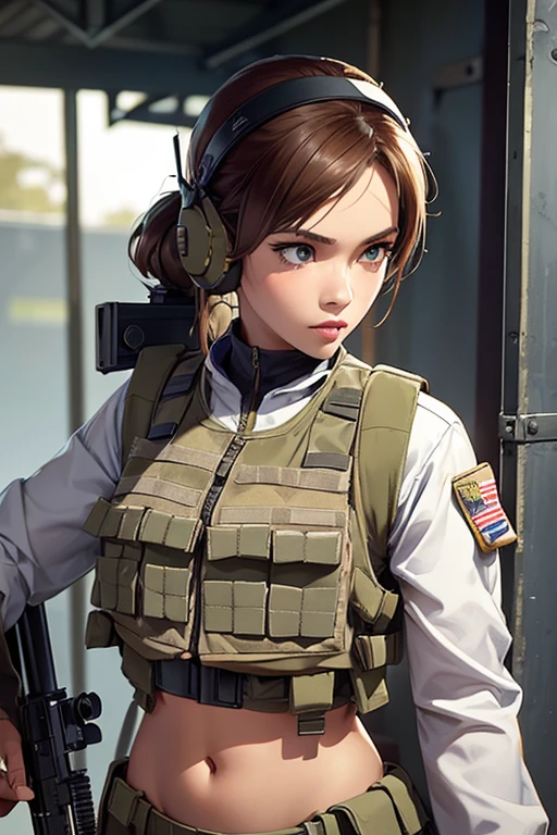 a woman in a white outfit holding a rifle and wearing headphones, 24-year-old woman, Filipino woman, tan bronze skin, soldier girl, mechanized soldier girl, military girl, beautiful female soldier, female lead character, infantry girl, of a sniper girl in war, solo female character, future combat gear, close up half body shot, Women in crop top military bulletproof vest, ((showing navel)), exposed abdomen area, quiet from metal gear solid v, wearing tactical gear, dressed in tactical armor, (((aiming rifle)))