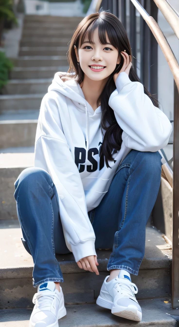 highest quality, Realistic, Very detailed, Finer details, High resolution, 8k wallpaper, One beautiful woman,Sit on the stairs、smile、、 Oversized hoodie, Skinny jeans,( Black sneakers)、Black Hair、 Beautiful Bangs、ear piercing、Perfect dynamic composition, Beautiful and detailed, Full Body Shot, A big smile waiting to start
