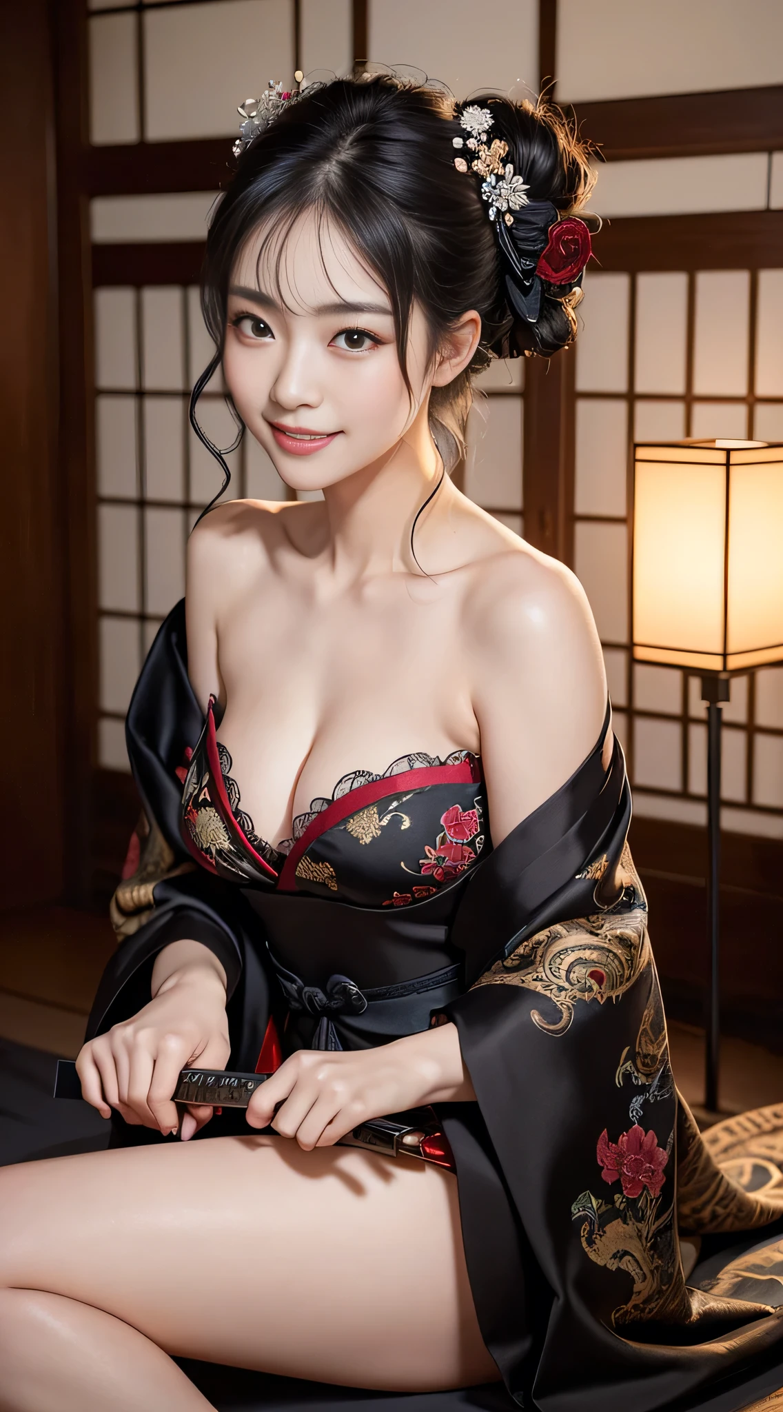 8K Ultra HD, Digital SLR,Film Grain, Fujifilm XT3,(highest quality:1.3), (masterpiece:1.1), High resolution, Cinematic Light, Intricate details, (Realistic) (Night view) Realistic backlight、Dramatic reddish light、Beautiful Japanese Geisha full body photo, ((Facial texture Pore details)), Grin、Devilish smile, Simple messy hairstyle, She wears a black satin kimono decorated with traditional dragon motifs.., Open shoulders, Colorful dragon tattoos all over the body,(( Holds a long-bladed Japanese sword)), Inside a traditional villa, 8k, Front blur
