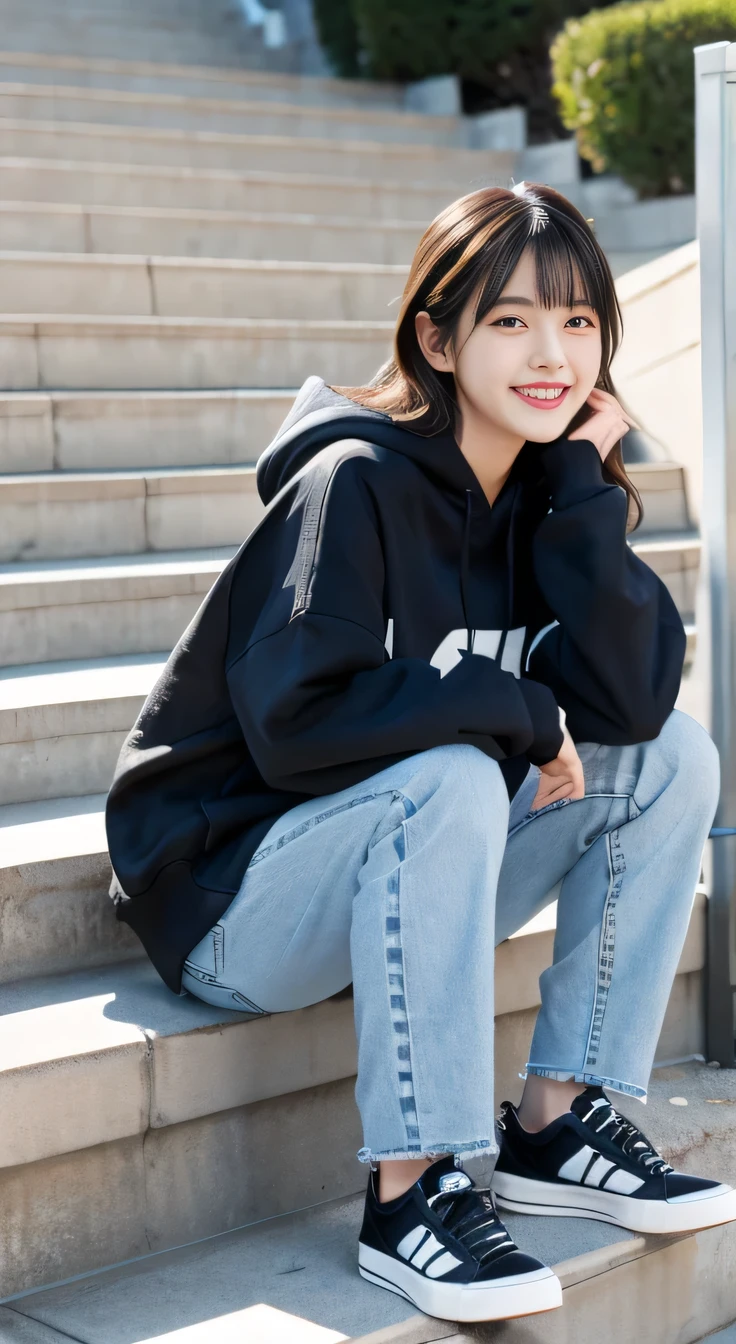 highest quality, Realistic, Very detailed, Finer details, High resolution, 8k wallpaper, One beautiful woman,Sit on the stairs、smile、、(Black socks) Oversized hoodie, Skinny jeans,( Black sneakers)、Black Hair、 Beautiful Bangs、ear piercing、Perfect dynamic composition, Beautiful and detailed, Full Body Shot, A big smile waiting to start