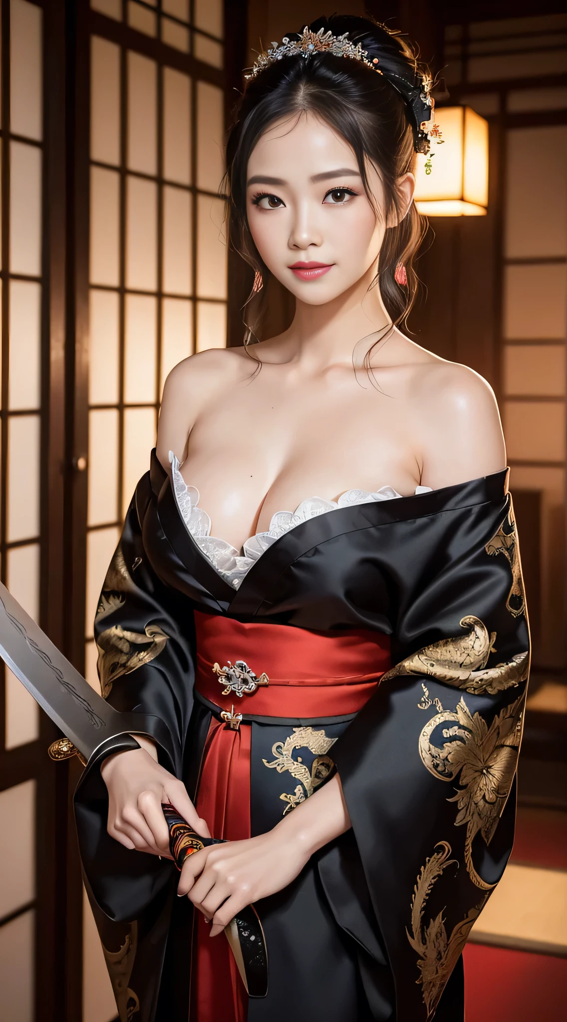 8K Ultra HD, Digital SLR,Film Grain, Fujifilm XT3,(highest quality:1.3), (masterpiece:1.1), High resolution, Cinematic Light, Intricate details, (Realistic) (Night view) Realistic backlight、Dramatic reddish light、Beautiful Japanese Geisha full body photo, ((Facial texture Pore details)), Grin、Devilish smile, Simple messy hairstyle, She wears a black satin kimono decorated with traditional dragon motifs.., Open shoulders, Colorful dragon tattoos all over the body,(( Holds a long-bladed Japanese sword)), Inside a traditional villa, 8k, Front blur