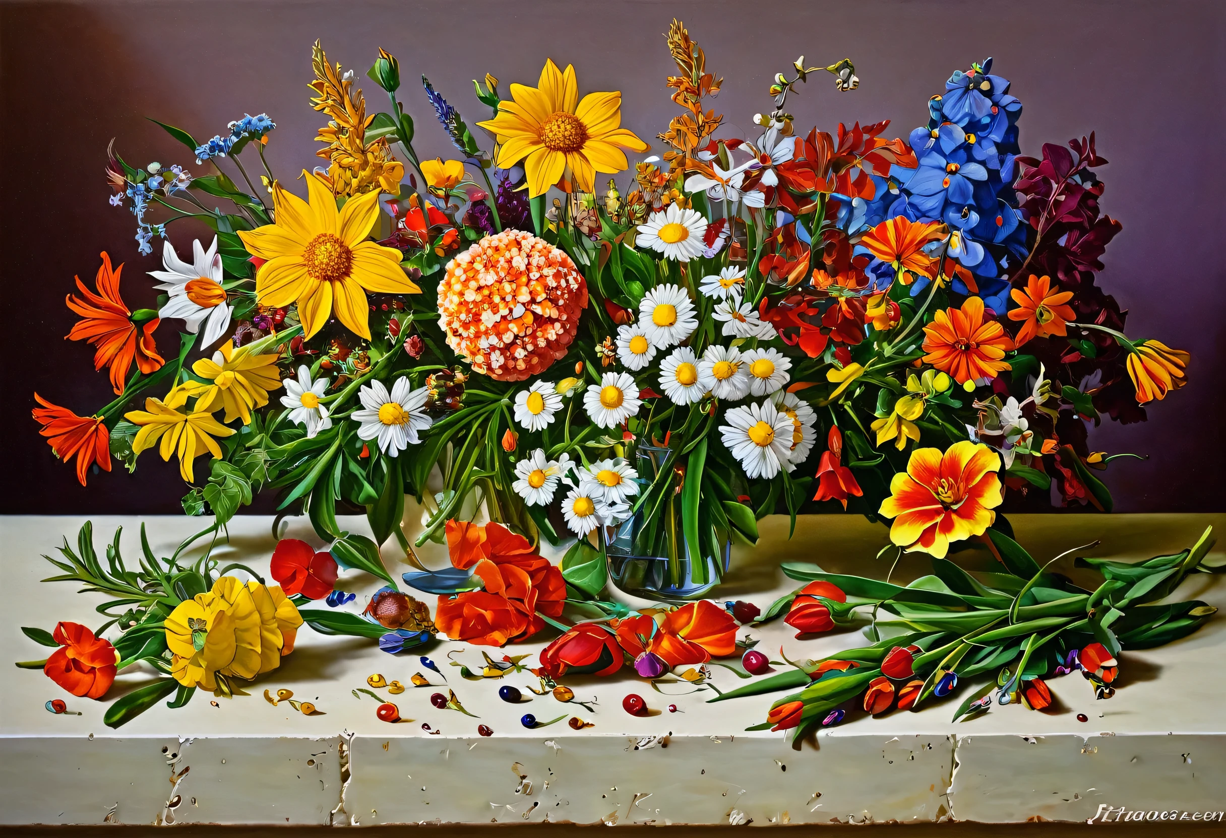 Various kinds of flowers are arranged together on the table, Realistic painting inspired by François Bocquet, Flicker, Hyperrealism, Great composition, Detailed Flowers, Platonic ideals of flowers, Plant rainbow background, Floral Explosion, Realistic Flower Oil Painting, Colorful flowers, Lots of flowers, Hyperrealists are very complex, Made of flowers, Flower Art Association