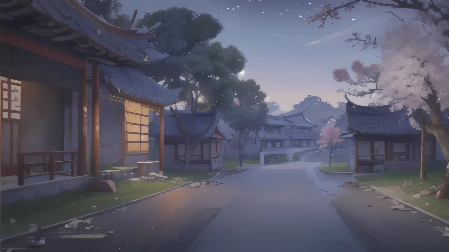 (masterpiece, best quality:1.2), (\sai bo gu feng\),Dilapidated，Cherry tree，Game scene，Shabby House，Outdoor scenes，Housing Group，In the middle is the main road，On both sides are houses，Ancient style scene，Night，Dirt ground，Country road