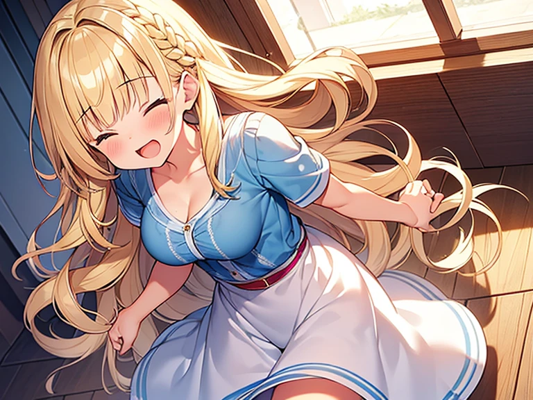 Masterpiece, Top quality, 1 beautiful girl, Blonde, long Hair, Braided hair, wavy Hair, blunt bangs, , standard weight, (medium breasts :1.2), (cute clothes:1.5), (happy :1.3), blush, open mouth, closed eyes, dynamic pose, beautiful scene of cute room, cute effect, from above