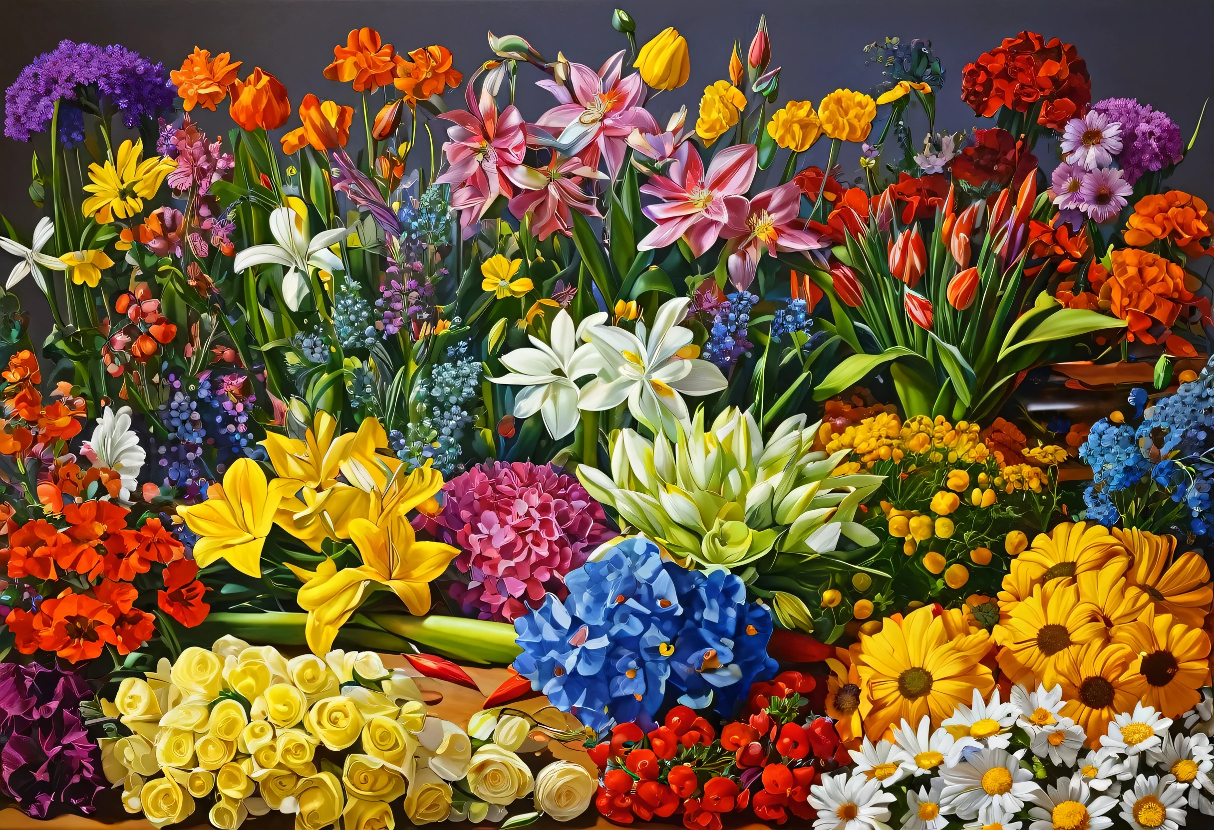 Various kinds of flowers are arranged together on the table, Realistic painting inspired by François Bocquet, Flicker, Hyperrealism, Great composition, Detailed Flowers, Platonic ideals of flowers, Plant rainbow background, Floral Explosion, Realistic Flower Oil Painting, Colorful flowers, Lots of flowers, Hyperrealists are very complex, Made of flowers, Flower Art Association