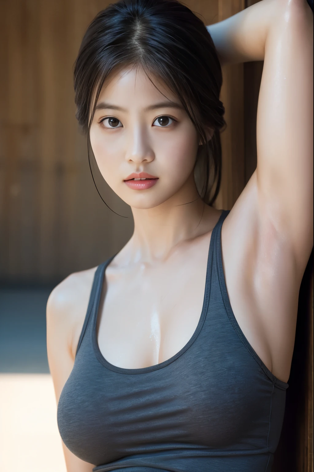 highest quality, masterpiece, Ultra-high resolution, (Realistic:1.4), RAW Photos, 1 girl, Black Hair, Shiny skin, Sweaty body, Dramatic lighting, whole body, Female dog, Tank top, Huge breasts