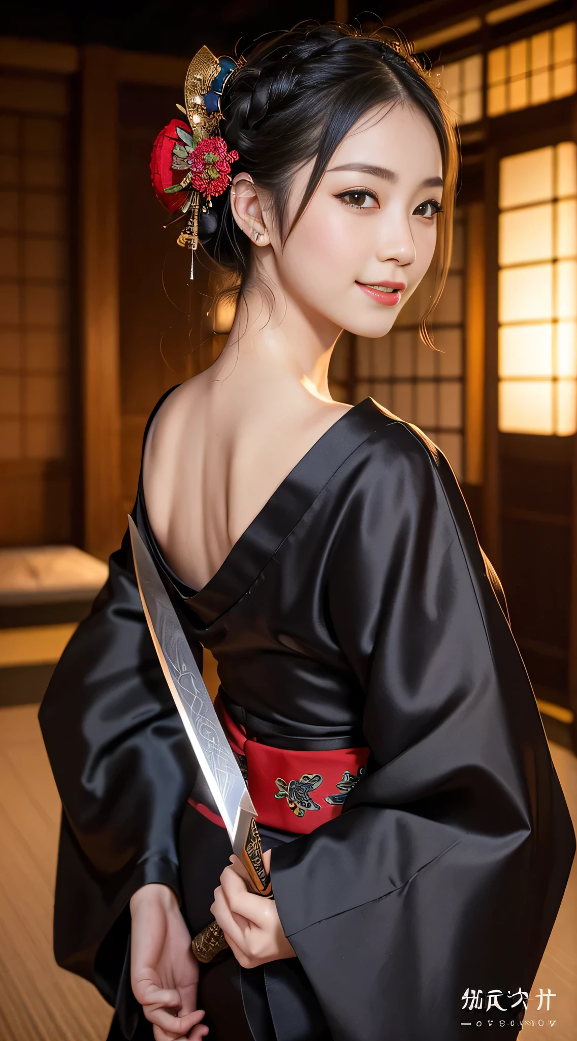 8K Ultra HD, Digital SLR,Film Grain, Fujifilm XT3,(highest quality:1.3), (masterpiece:1.1), High resolution, Cinematic Light, Intricate details, (Realistic) (Night view) Realistic backlight、Dramatic reddish light、Beautiful Japanese Geisha full body photo, ((Facial texture Pore details)), Grin、Devilish smile, Simple messy hairstyle, She wears a black satin kimono decorated with traditional dragon motifs.., Open shoulders, Colorful dragon tattoos all over the body,(( Holds a long-bladed Japanese sword)), Inside a traditional villa, 8k, Front blur