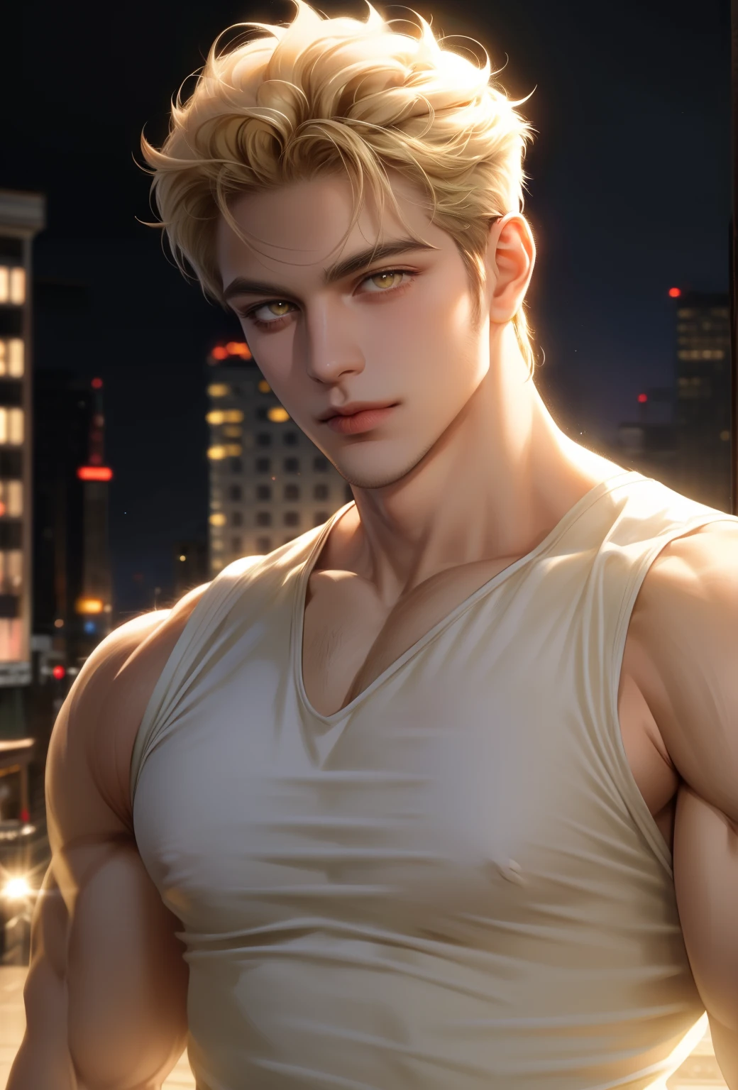 (masterpiece,best quality,ultra_detailed,highres,absurdres),1 mature male, 30-ish, (wide shoulder), (muscular), big body, male focus, solo, yellow eyes, yellow eyes color, upper body, short hair, blonde hair, looking at viewer, smile face, parted lips, round eyewear, Masterpiece, high quality, best quality, HD, realistic, perfect lighting, detailed body, 1 man, white shirt, calm expression, in the night town background,