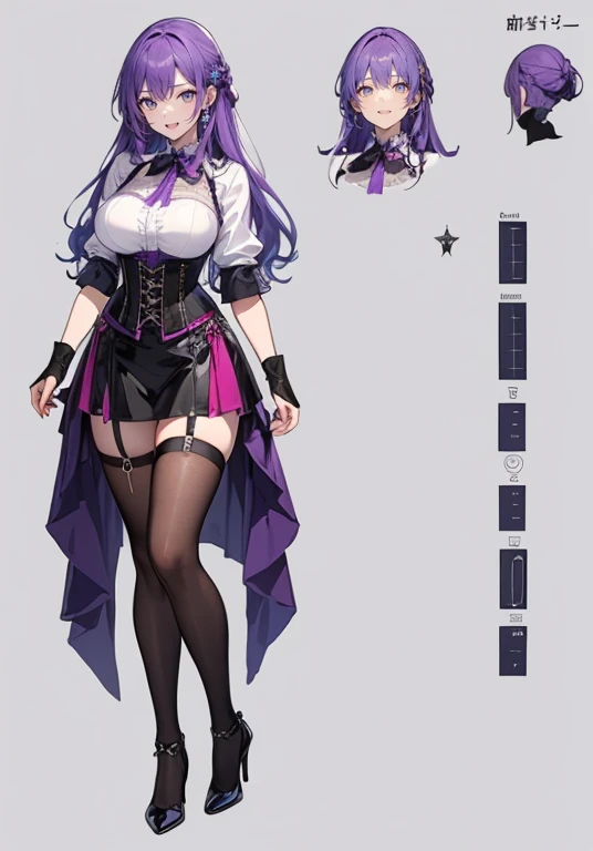 Purple hair,long hair,Adult female,((Body harness)),((Shirt with rolled up sleeves)),(Corset),(Tight skirt),(high heels),((Simple background)),Smile,((Full body)),((whole body)),Character Sheet,
