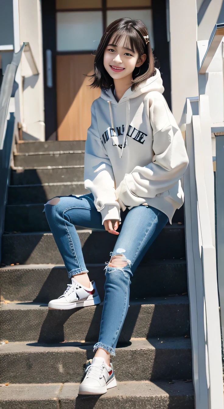 highest quality, Realistic, Very detailed, Finer details, High resolution, 8k wallpaper, One beautiful woman,Sit on the stairs、smile、、（Black socks） Oversized hoodie, Skinny jeans,（ Black sneakers）、Black Hair、 Beautiful Bangs、ear piercing、Perfect dynamic composition, Beautiful and detailed, Full Body Shot, A big smile waiting to start
