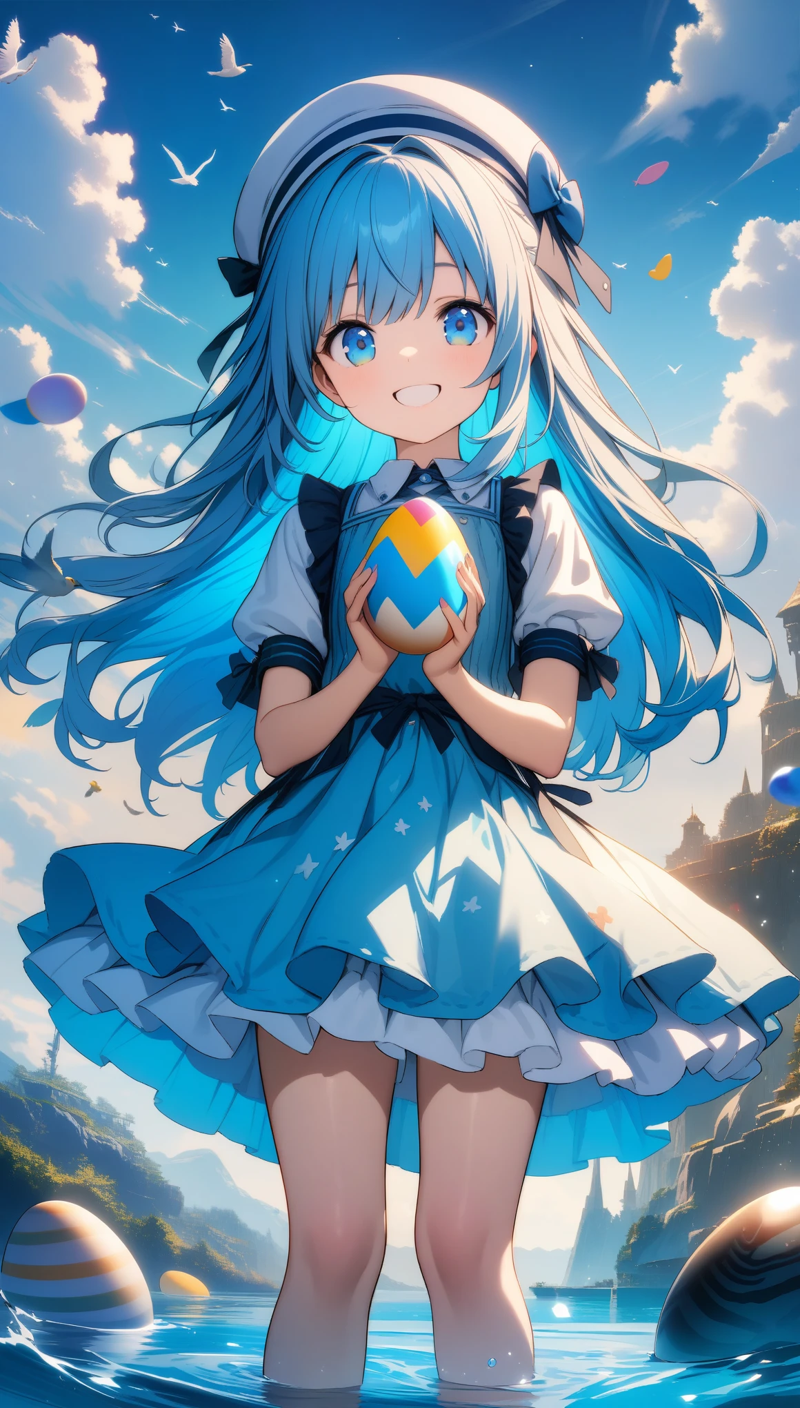 32k, best quality, ultra high res, HDR, UHD, extremely detailed CG, unity 32k wallpaper, A world full of eggs, 16 years old, Holding a rainbow-colored egg in both hands, Very cute girl, Blue Hair, blue eyes, A beautiful and cute blue dress, from the front, A very beautiful sea background, Standing on the water, Particles that glow blue, bird, cloud, Egg with wings, Close your mouth and smile happily, Cute hat with feathers, Floating in the air,