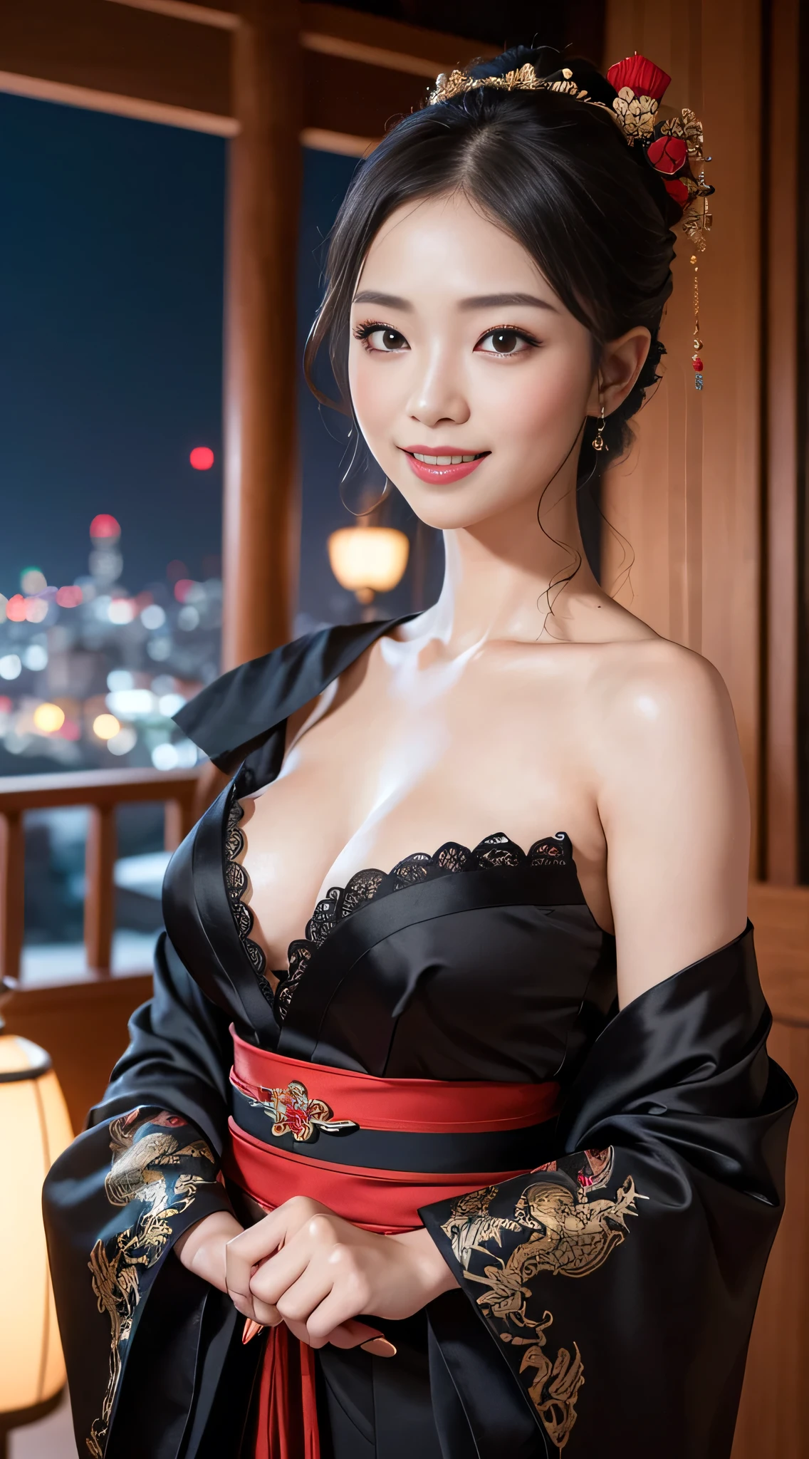 8K Ultra HD, Digital SLR,Film Grain, Fujifilm XT3,(highest quality:1.3), (masterpiece:1.1), High resolution, Cinematic Light, Intricate details, (Realistic) (Night view) Realistic backlight、Dramatic reddish light、Beautiful Japanese Geisha full body photo, ((Facial texture Pore details)), Grin、Devilish smile, Simple messy hairstyle, She wears a black satin kimono decorated with traditional dragon motifs.., Open shoulders, Colorful dragon tattoos all over the body,(( 1mHolds a long-bladed Japanese sword)), Inside a traditional villa, 8k, Front blur