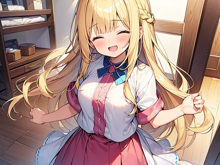 Masterpiece, Top quality, 1 beautiful girl, Blonde, long Hair, Braided hair, wavy Hair, blunt bangs, 15 year old, standard weight, (medium breasts :1.2), (cute clothes:1.5), (happy :1.3), blush, open mouth, closed eyes, dynamic pose, beautiful scene of girly room, cute effect, from above