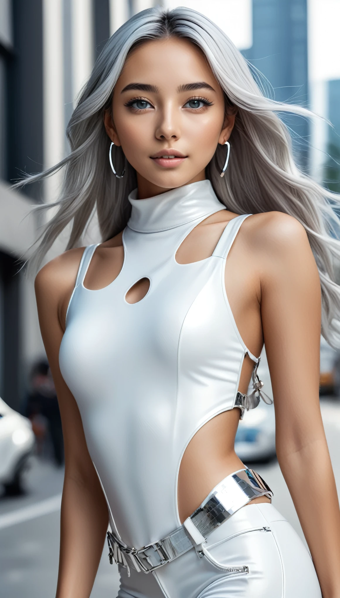(masterpiece, hyper Detailed, Best Quality:1.4), Realistic, (Hi-fashion portrait:1.4), (1 girl, cute and Pretty woman:1.2), (all body shot, fashion model:1.2), BREAK beautiful young, small head, BREAK Detailed body line, Detailed chest and breasts line, Detailed buttocks, Detailed legs, (large breasts, impossible clothes, large buttocks), (very slim waist:1.2), (beautiful Muscular legs, beautiful foot:1.2), White and beautiful Silky skin, small head, (wide angle:1.2), (all body shot from below:1.2), BREAK Detailed all body wear, (high-tech futuristic bodysuit:1.4), (white bodysuit with metallic accents:1.3), (high-cut leg openings:1.3), (layered over white short shorts:1.4), (silver metallic accessories:1.3), (chunky futuristic platform high-top sneakers:1.4), (silver visor sunglasses:1.3), (silver statement earrings:1.3), (stacked silver bracelets:1.2), (silver choker necklace:1.2), (futuristic silver belt with dangling charms:1.3), (white holographic backpack:1.3), (glowing LED accents:1.3), BREAK small head, Detailed face, cute and Pretty slim face, Duck mouth, perfect beautiful Tooth, arranged gray hair, shiny eyes, Light-colored eyes, looking viewer, BREAK (in a concrete, Realistic black Shadow, Realistic white lightning:1.2),