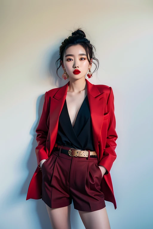 1girl,solo,jewelry,earrings,Black Hair,formal,Suit,Red lips,Lipstick,shorts,红色shirt,jacket,Long hait,Big breasts,(Large size chest:1.6),make up,shadow,Looking at the audience,Hands in pockets,belt,shirt,