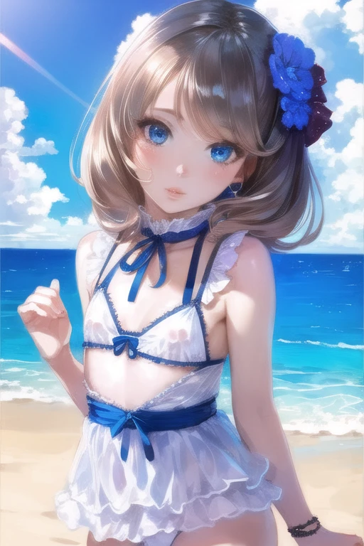 highest quality、Beach、Swimwear、One Girl、Blue Eyes、Young realistic anime girl、Realistic anime art style、Captivating look 、8K