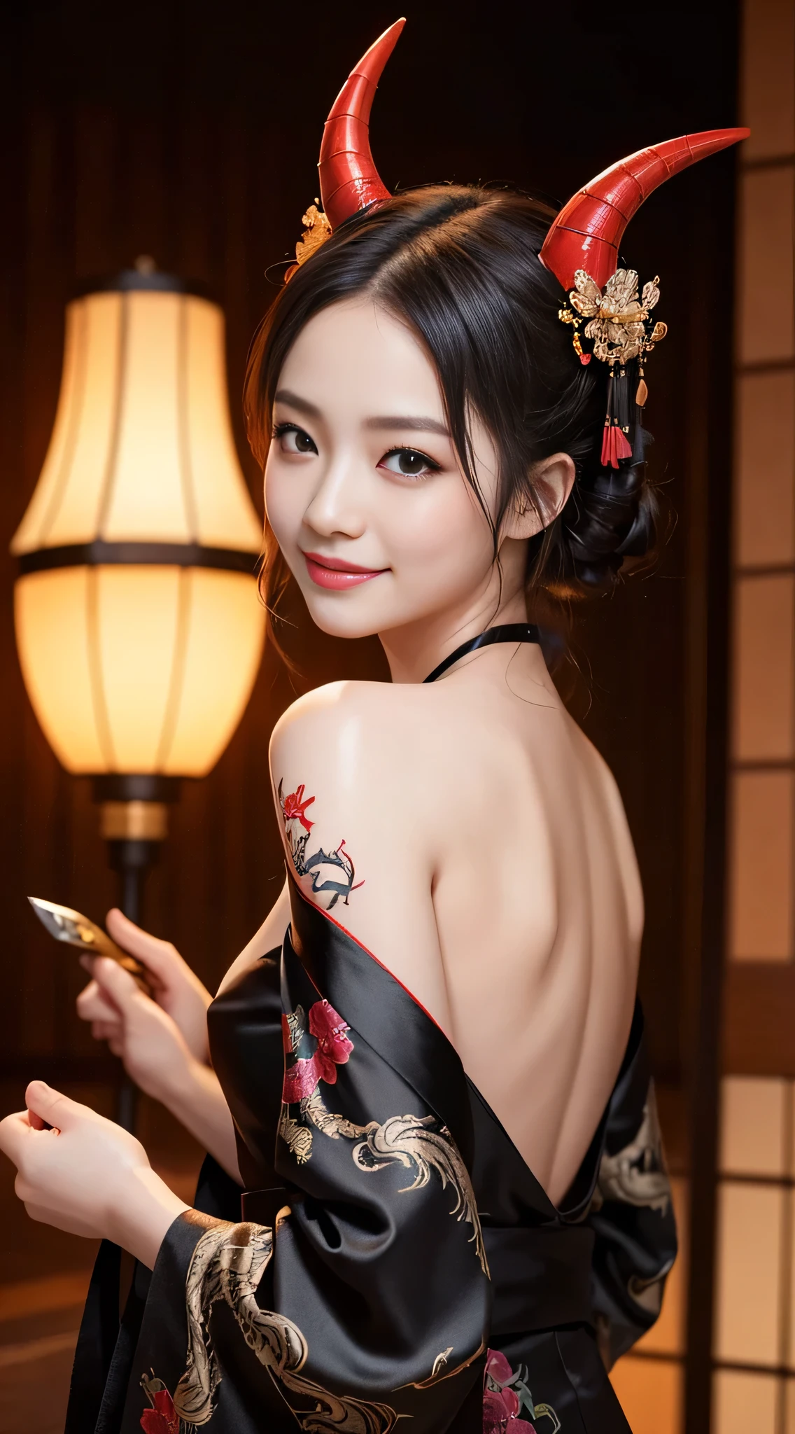 8K Ultra HD, Digital SLR,Film Grain, Fujifilm XT3,(highest quality:1.3), (masterpiece:1.1), High resolution, Cinematic Light, Intricate details, (Realistic) (Night view) Realistic backlight、Dramatic reddish light、Beautiful Japanese Geisha full body photo, ((Facial texture Pore details)), Grin、Devilish smile, Simple messy hairstyle, She wears a black satin kimono decorated with traditional dragon motifs.., Open shoulders, Colorful dragon tattoos all over the body,(( １ｍHolds a long-bladed Japanese sword)), Inside a traditional villa, 8k, Front blur