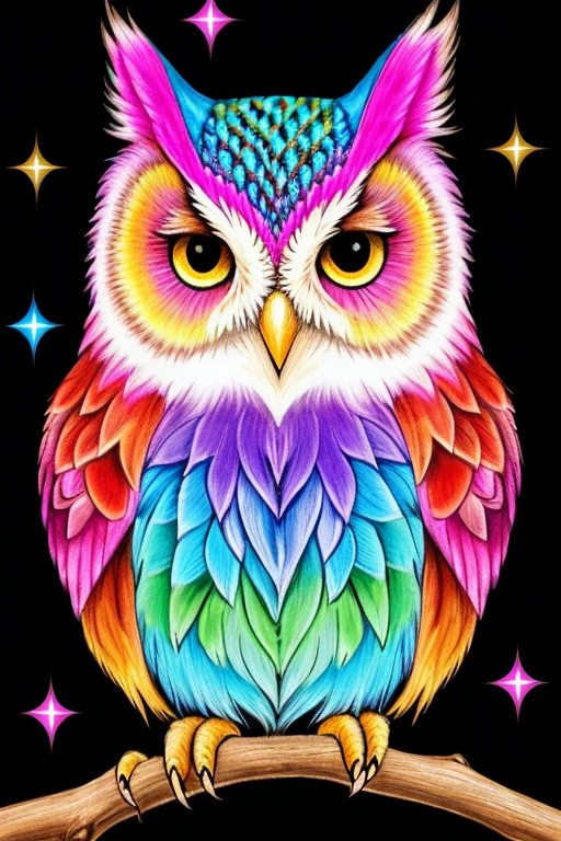 Colorful owl drawing on a black background,, Breathtaking Rendering, In a shining connection, Inspired by Kinuko Y. Crafting,, Magical Elements, Kitten Icon, oh, Is beautiful, Cast a variety of spells, bright flash, flash