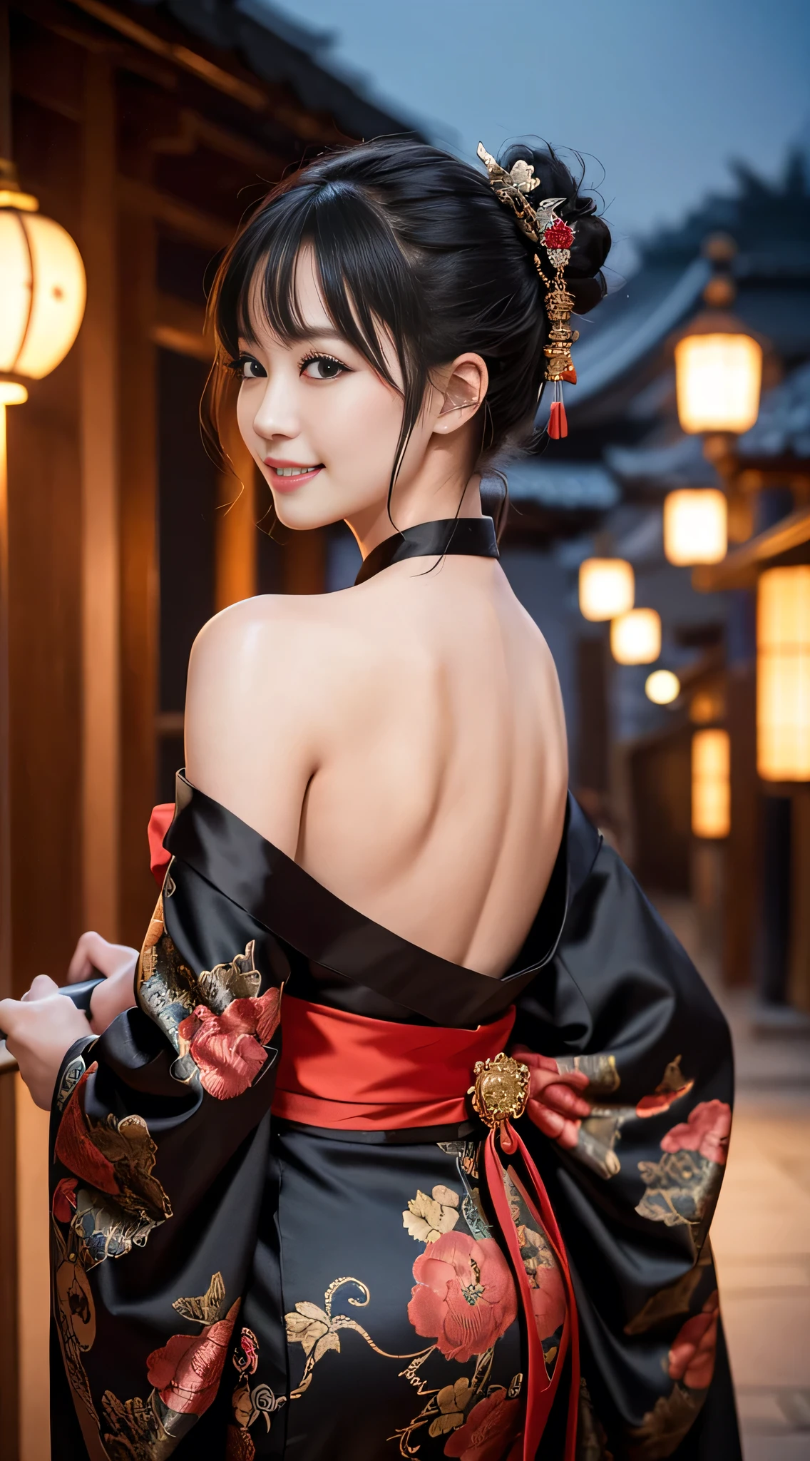 8K Ultra HD, Digital SLR,Film Grain, Fujifilm XT3,(Highest quality:1.3), (masterpiece:1.1), High resolution, Cinematic Light, Intricate details, (Realistic) (Night view) Realistic backlight、Dramatic reddish light、Beautiful Japanese Geisha full body photo, ((Facial texture Pore details)), Grin、Devilish smile, Simple messy hairstyle, She wears a black satin kimono decorated with traditional dragon motifs.., Open shoulders, Colorful dragon tattoos all over the body, Has a long blade, Long-bladed Japan sword in hand,Inside a traditional villa, 8K, Front blur