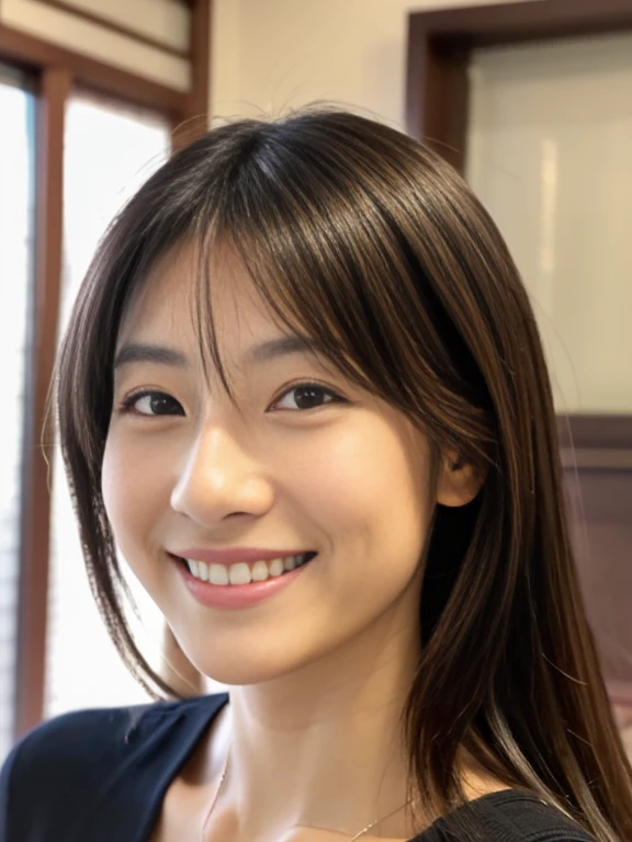 Skinny Japanese woman, 30 years old, smile, Singing detailed face, Fine grain