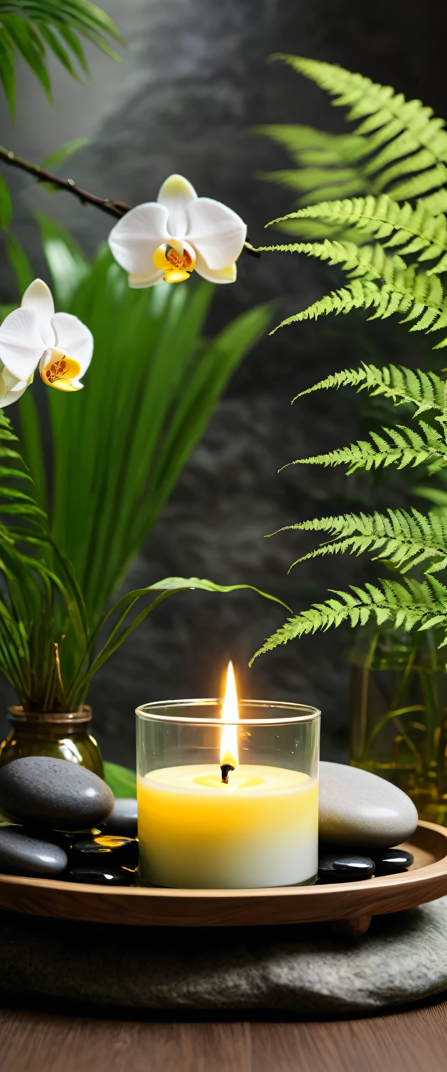 A minimalist Japanese style scene,There is a gurgling stream.Stone platform covered with ferns located deep in the tranquil forest bokeh background、Light two scented candles,yellow phalaenopsis、White silk scarf、SPA energy crystals of various colors、Exquisite transparent SPA essential oil in glass bottle,Create a fresh、Bright、Relaxing and comfortable atmosphere,Evoking a sense of tranquility and simplicity。A peaceful aura or meditative state has a warm and pure atmosphere