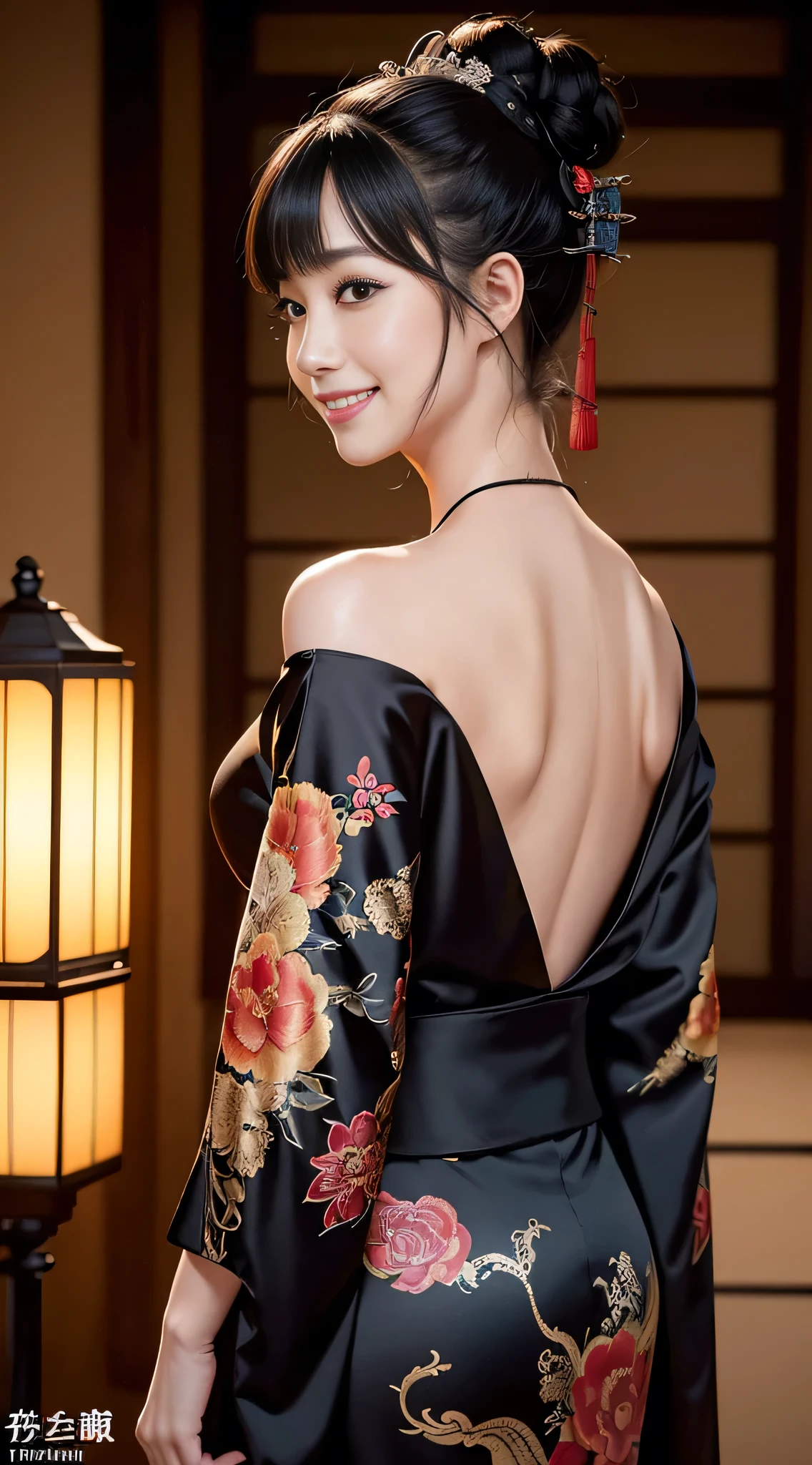 8K Ultra HD, Digital SLR,Film Grain, Fujifilm XT3,(highest quality:1.3), (masterpiece:1.1), High resolution, Cinematic Light, Intricate details, (Realistic) (Night view) Realistic backlight、Dramatic reddish light、Beautiful Japanese Geisha full body photo, ((Facial texture Pore details)), Grin、Devilish smile, Simple messy hairstyle, She wears a black satin kimono decorated with traditional dragon motifs.., Open shoulders, Colorful dragon tattoos all over the body,(( 1mHolds a long-bladed Japanese sword)), Inside a traditional villa, 8k, Front blur