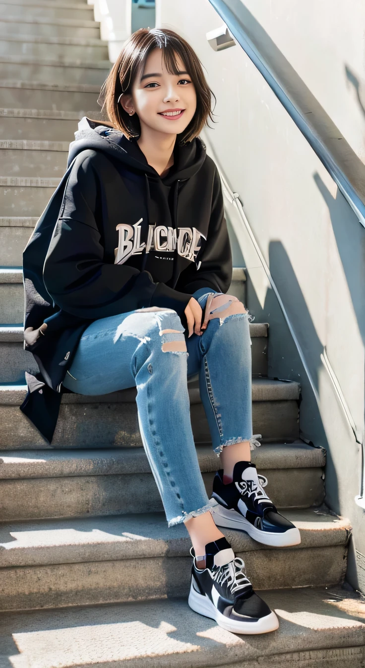 highest quality, Realistic, Very detailed, Finer details, High resolution, 8k wallpaper, One beautiful woman,Sit on the stairs、smile、、(Black socks) Oversized hoodie, Skinny jeans,( Black sneakers)、Black Hair、 Beautiful Bangs、ear piercing、Perfect dynamic composition, Beautiful and detailed, Full Body Shot, A big smile waiting to start