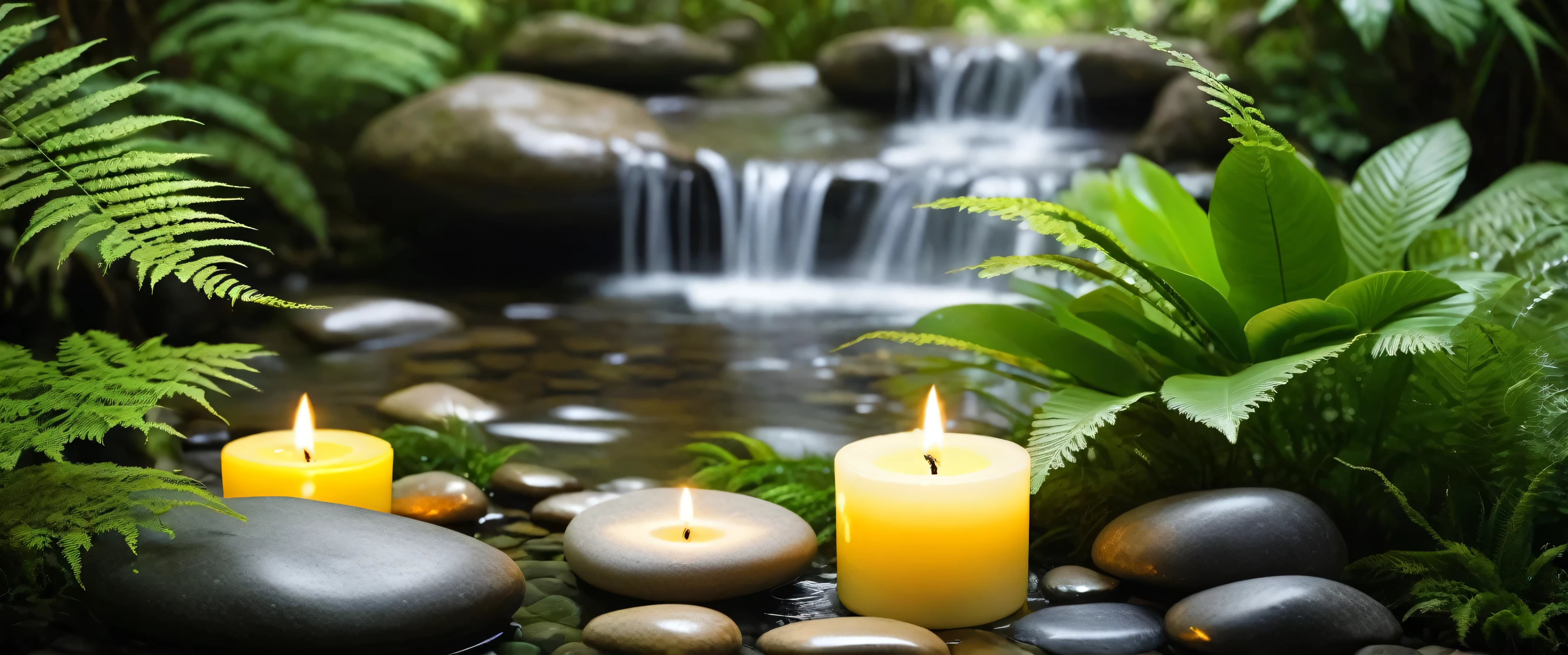 A minimalist Japanese style scene，There is a gurgling stream.Stone platform covered with ferns located deep in the tranquil forest bokeh background、Light two scented candles，yellow phalaenopsis、White silk scarf、SPA energy crystals of various colors、Exquisite transparent SPA essential oil in glass bottle，Create a fresh、Bright、Relaxing and comfortable atmosphere，Evoking a sense of tranquility and simplicity。A peaceful aura or meditative state has a warm and pure atmosphere