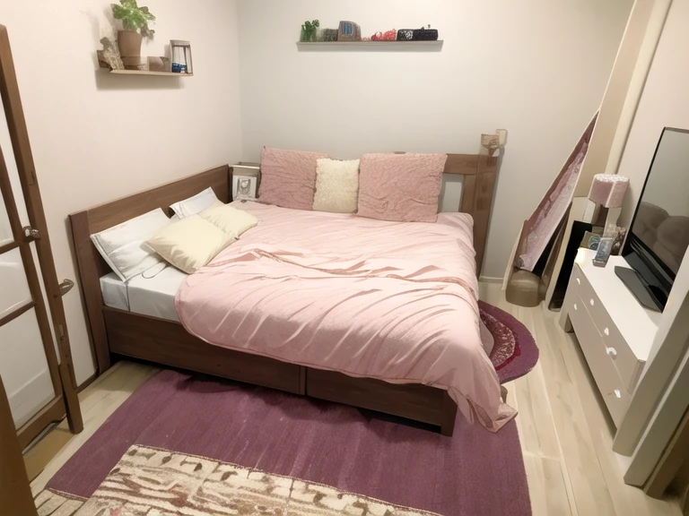 highest quality, Very detailed, figure, Very complicated,
J room, scenery,Love Hotel, bed, pillow, Remote controller, indoor, carpet, controller, bedroom, rug, window, Wooden floor, box, Realistic, photograph (Moderate), photograph background