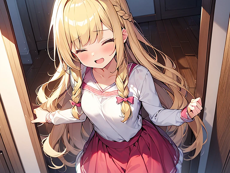 Masterpiece, Top quality, 1 beautiful girl, Blonde, long Hair, Braided hair, wavy Hair, blunt bangs, , standard weight, (medium breasts :1.2), (girly clothes:1.5), (happy :1.3), blush, open mouth, closed eyes, dynamic pose, beautiful scene of girly cute room, cute effect, from above