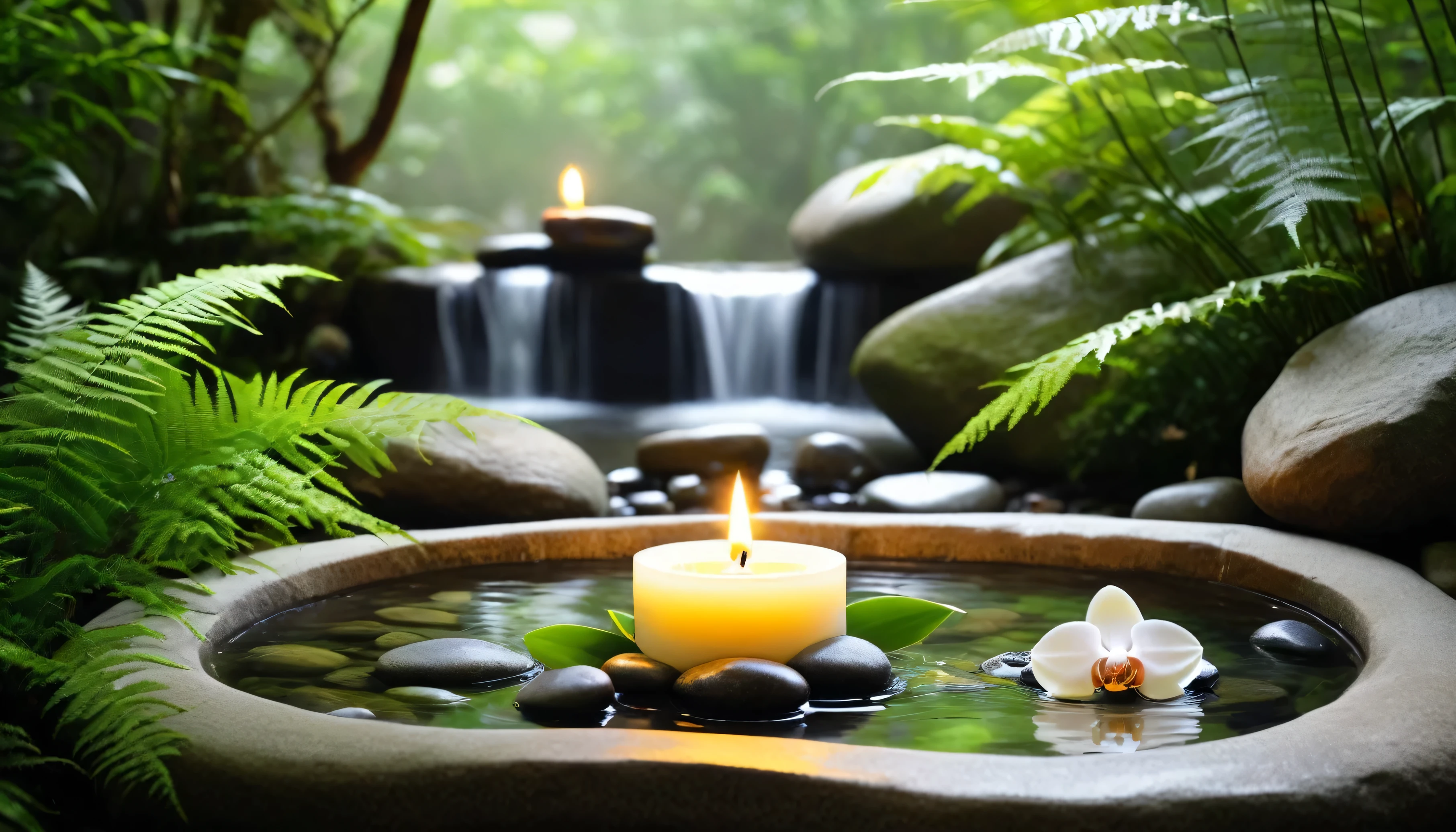 A minimalist Japanese style scene，There is a gurgling stream.Stone platform covered with ferns located deep in the tranquil forest bokeh background、Light two scented candles，yellow phalaenopsis、White silk scarf、SPA energy crystals of various colors、Exquisite transparent SPA essential oil in glass bottle，Create a fresh、Bright、Relaxing and comfortable atmosphere，Evoking a sense of tranquility and simplicity。A peaceful aura or meditative state has a warm and pure atmosphere