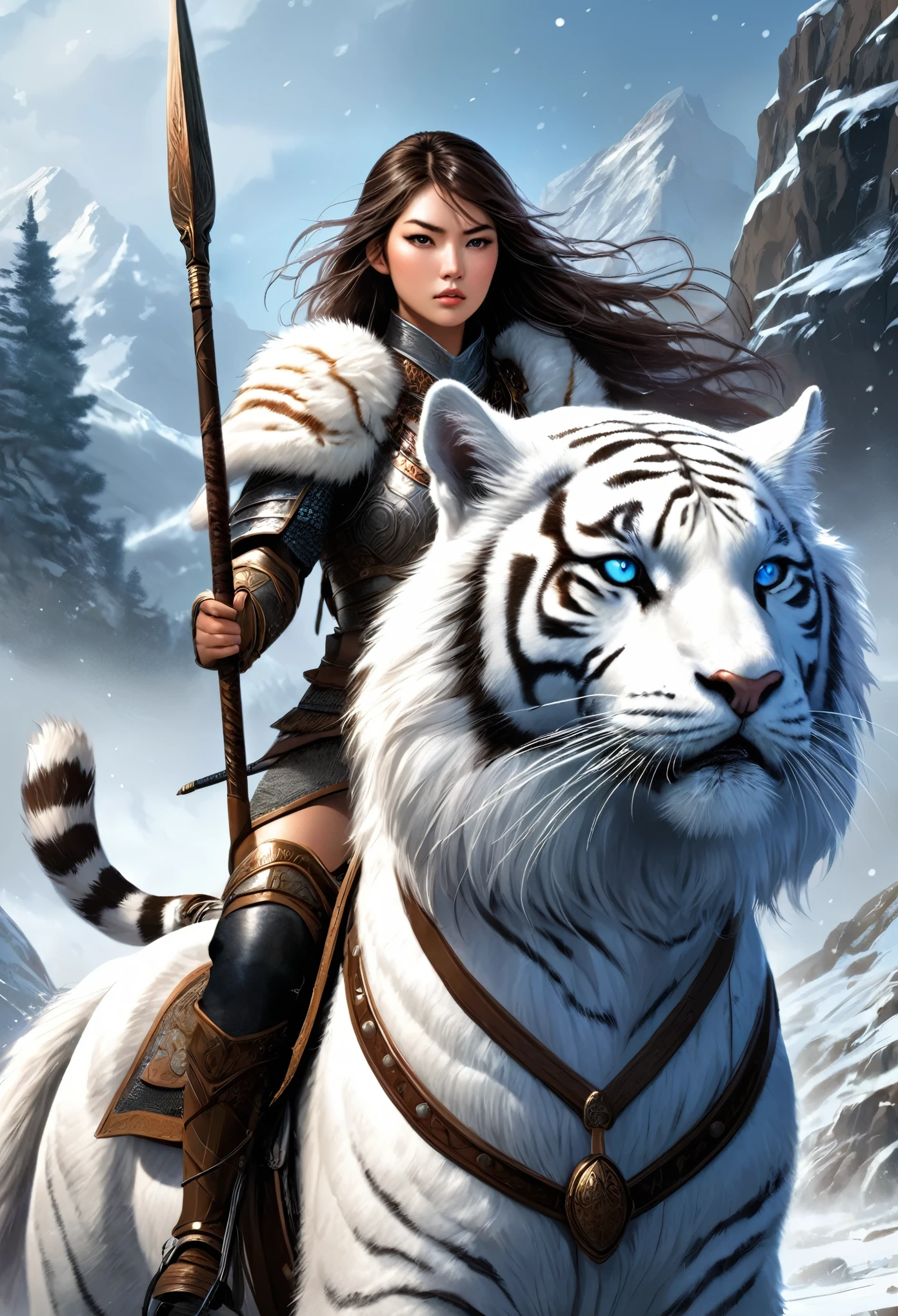 （1 girl，Pretty Face，Exquisite eyes，Serious expression，Sharp eyes，Wearing fur armor，Holding a spear），She is a warrior of the north，（（（Horseback riding））, Looking at the audience，tiger_beast）, Epic Fantasy Character Art