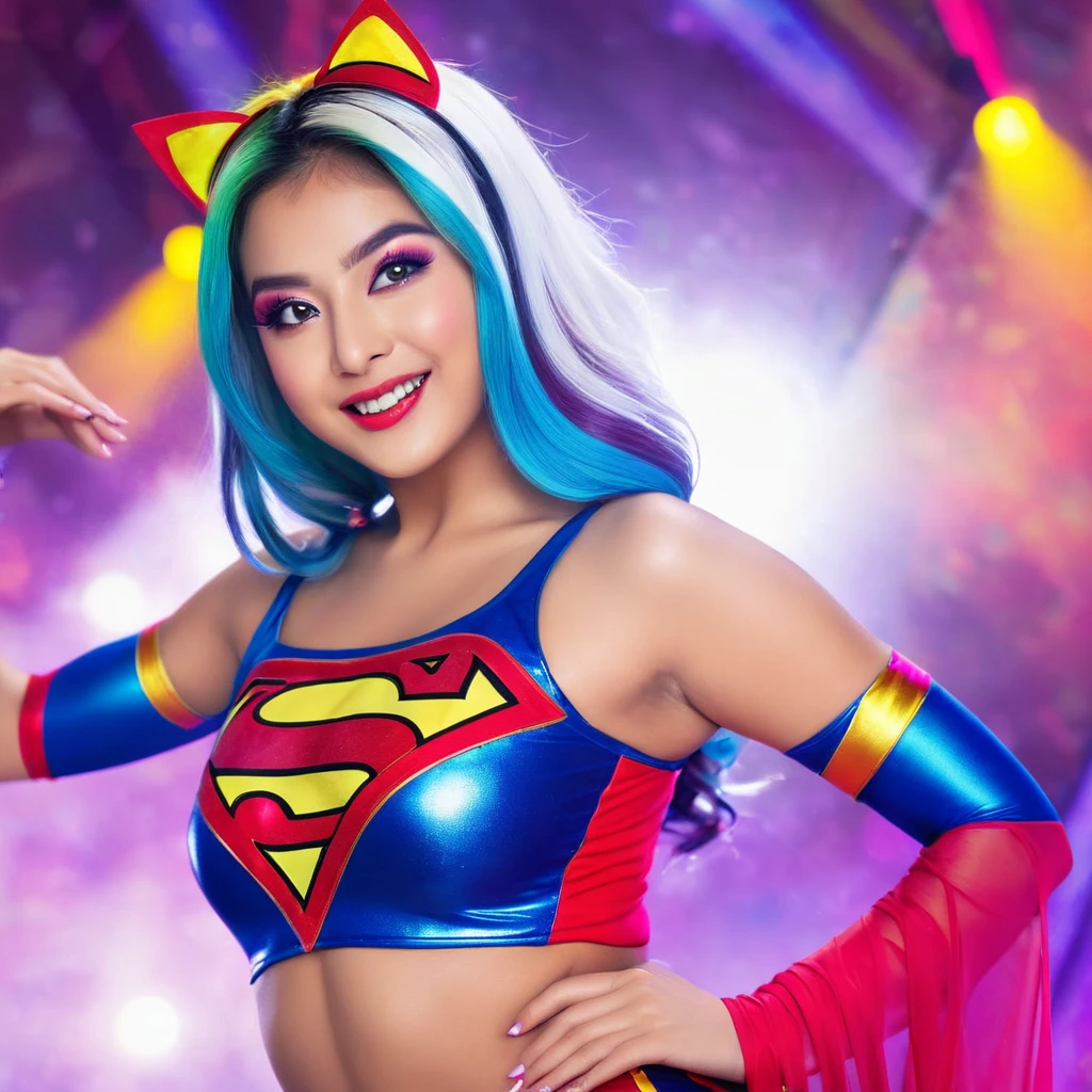 (best quality,highres,ultra-detailed,realistic:1.2), vivid colors, sexy cosplay super girl, cute funny faces, silly dance, Instagram model, Vanilopa, 18-year-old, energetic dance moves, colorful costume, stylish makeup, confident pose, attractive facial expressions, playful personality, dynamic lighting effects, glamorous background [Stable Diffusion Prompt] Instagram model Vanilopa, age 18, is enchanting the audience with her crazy sexy super girl cosplay. With (best quality, highres, ultra-detailed, realistic:1.2) rendering, every detail of her vibrant appearance comes to life. Vanilopa captivates everyone with her (vivid colors) and energetic dance moves. Her (sexy cosplay super girl) costume is a riot of colors and patterns, accentuating her youthful charm. The audience can't help but feel her vibrant energy as she moves across the stage. With (stylish makeup), her eyes pop with a sparkling brilliance, drawing attention to her captivating gaze. Vanilopa's (confident pose) only adds to her irresistible charm, showing off her flawless poise and grace. As she dances, Vanilopa makes (cute, funny faces), bringing joy and laughter to everyone around her. Her (playful personality) shines through as she effortlessly switches between seductive and silly expressions, captivating the audience with her versatility. The stage is illuminated with (dynamic lighting effects), creating a dramatic and glamorous atmosphere. The (glamorous background) enhances the overall visual impact, making Vanilopa's performance even more mesmerizing. In this masterpiece of (best quality, highres, ultra-detailed, realistic:1.2) artwork, Stable Diffusion brings to life the perfect blend of sexiness, cuteness, and fun. Through Vanilopa's cosplay, her vibrant energy, and playful personality, the image captures the essence of a truly unforgettable performance.
