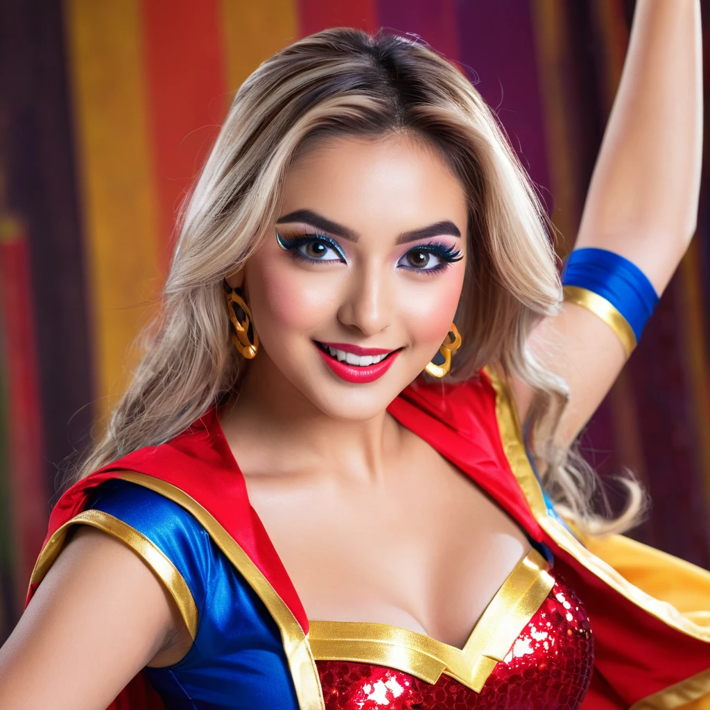 (best quality,highres,ultra-detailed,realistic:1.2), vivid colors, sexy cosplay super girl, cute funny faces, silly dance, Instagram model, Vanilopa, 18-year-old, energetic dance moves, colorful costume, stylish makeup, confident pose, attractive facial expressions, playful personality, dynamic lighting effects, glamorous background [Stable Diffusion Prompt] Instagram model Vanilopa, age 18, is enchanting the audience with her crazy sexy super girl cosplay. With (best quality, highres, ultra-detailed, realistic:1.2) rendering, every detail of her vibrant appearance comes to life. Vanilopa captivates everyone with her (vivid colors) and energetic dance moves. Her (sexy cosplay super girl) costume is a riot of colors and patterns, accentuating her youthful charm. The audience can't help but feel her vibrant energy as she moves across the stage. With (stylish makeup), her eyes pop with a sparkling brilliance, drawing attention to her captivating gaze. Vanilopa's (confident pose) only adds to her irresistible charm, showing off her flawless poise and grace. As she dances, Vanilopa makes (cute, funny faces), bringing joy and laughter to everyone around her. Her (playful personality) shines through as she effortlessly switches between seductive and silly expressions, captivating the audience with her versatility. The stage is illuminated with (dynamic lighting effects), creating a dramatic and glamorous atmosphere. The (glamorous background) enhances the overall visual impact, making Vanilopa's performance even more mesmerizing. In this masterpiece of (best quality, highres, ultra-detailed, realistic:1.2) artwork, Stable Diffusion brings to life the perfect blend of sexiness, cuteness, and fun. Through Vanilopa's cosplay, her vibrant energy, and playful personality, the image captures the essence of a truly unforgettable performance.