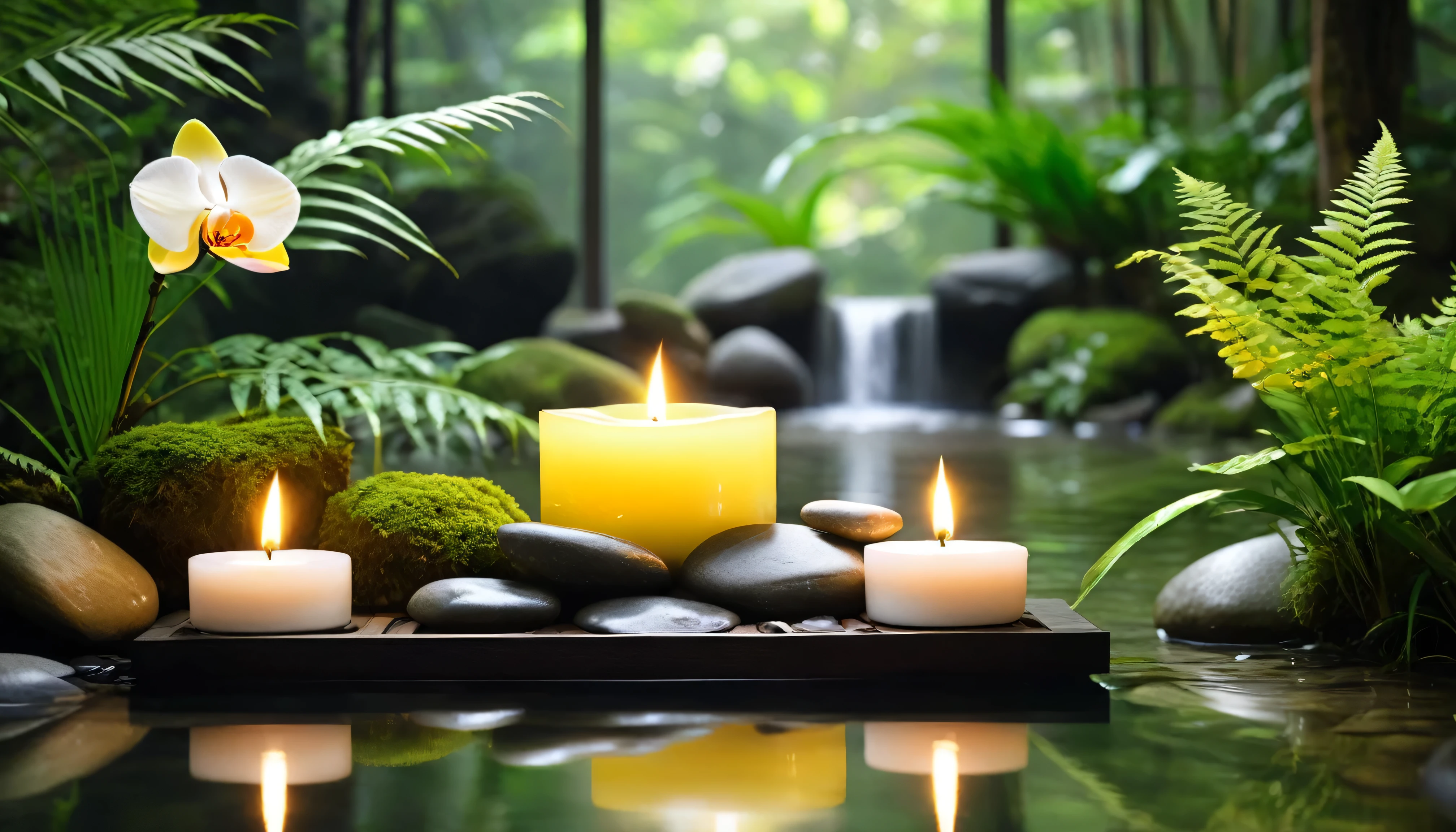 A minimalist Japanese style scene,There is a gurgling stream.Stone platform covered with ferns located deep in the tranquil forest bokeh background、Light two scented candles,yellow phalaenopsis、White silk scarf、SPA energy crystals of various colors、Exquisite transparent SPA essential oil in glass bottle,Create a fresh、Bright、Relaxing and comfortable atmosphere,Evoking a sense of tranquility and simplicity。A peaceful aura or meditative state has a warm and pure atmosphere