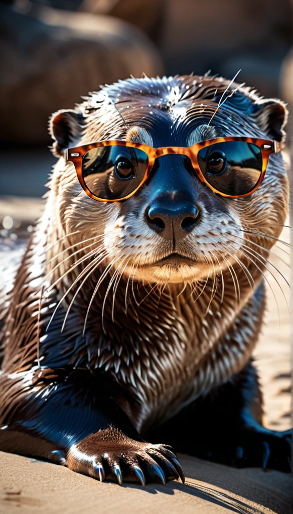 (best quality,4k,8k,highres,masterpiece:1.2),ultra-detailed,(realistic,photorealistic,photo-realistic:1.37),absyrde, RAW photo, highly detailed, masterpiece, illustration, an otter in dark sunglasses, dynamic angle, world masterpiece theater, ink, Amazing, cinematic lighting, lens_flare, dunhuang_style