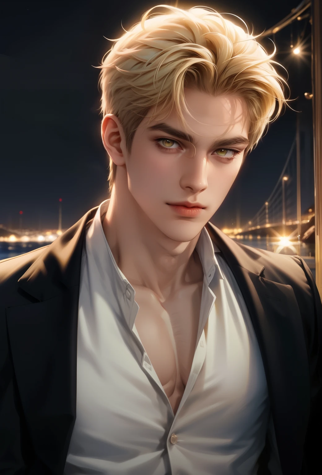 (masterpiece,best quality,ultra_detailed,highres,absurdres),1 mature male, 30-ish, (wide shoulder), (muscular), big body, male focus, solo, yellow eyes, yellow eyes color, upper body, short hair, blonde hair, looking at viewer, smile face, parted lips, round eyewear, Masterpiece, high quality, best quality, HD, realistic, perfect lighting, detailed body, 1 man, white shirt, wearing a black jacket, calm expression, in the night beach background,
