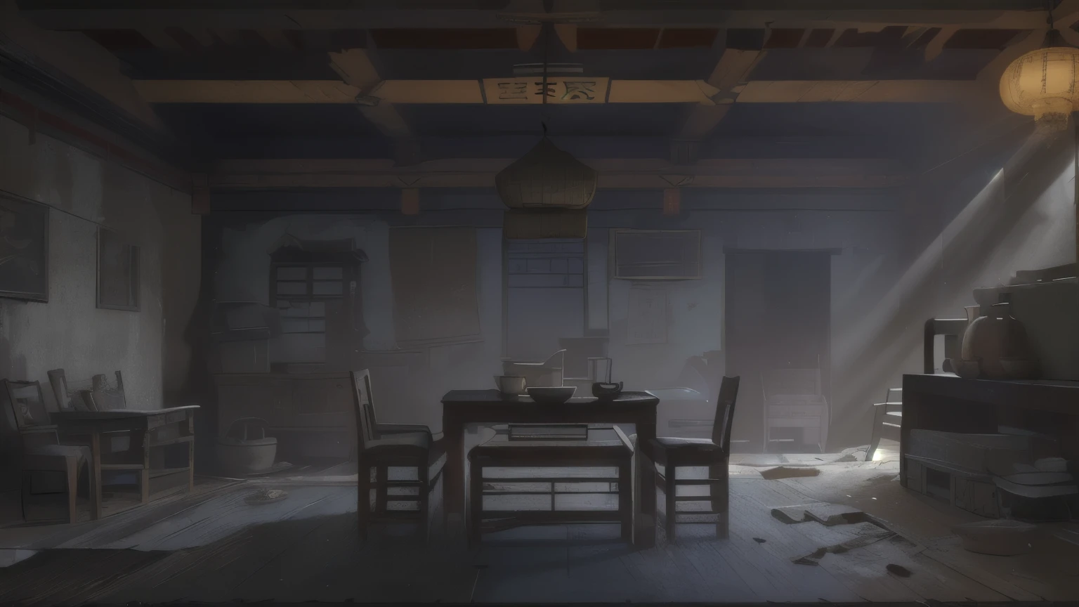 (masterpiece, best quality:1.2), (\sai bo gu feng\),Dilapidated，Game scene，Dilapidated house，Interior scene，Ancient style scene，Dirty mess，Ex，There is a table，Chair，floor，Night，Light candles on the table,(Warm style:1.5)