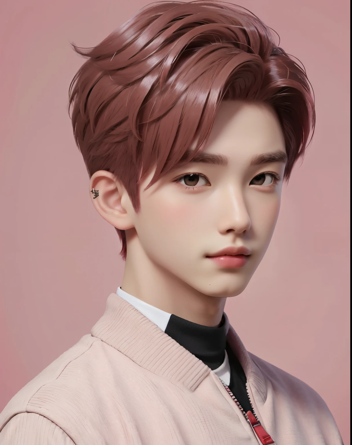 best quality, 1boy, solo, cartoon portrait ,  background,  short hair,   pink lips, red hair, wearing red varsity jacket, name it Bobatea